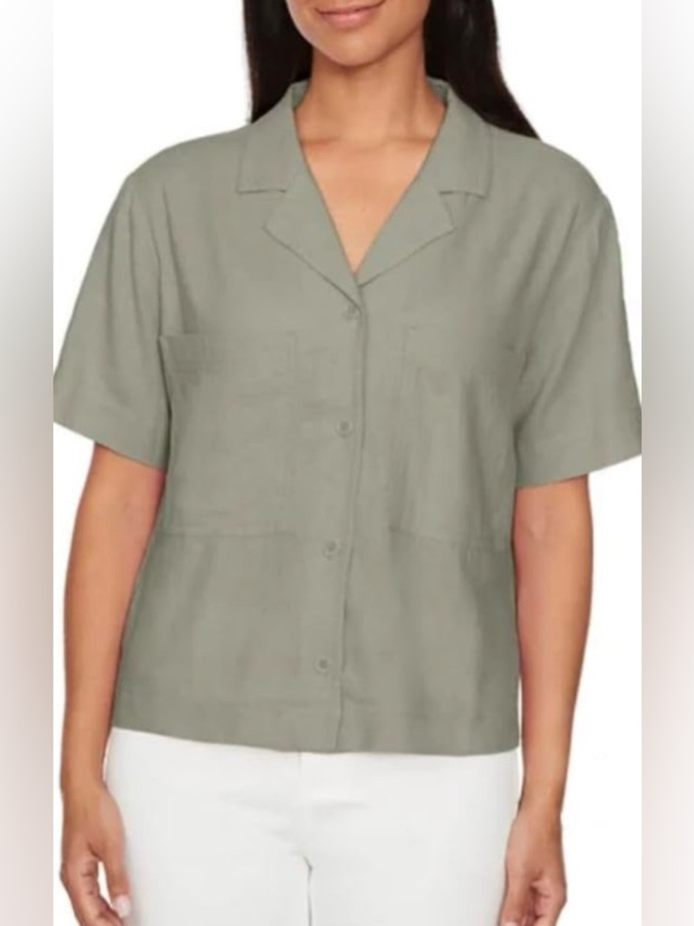 NWT Large Buffalo Women's Short-Sleeve Camp Collar Button-Front Top - Sage
